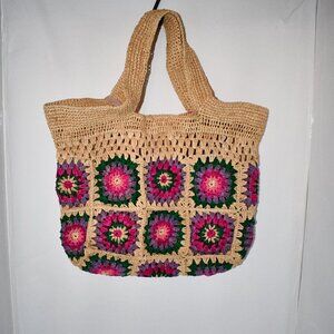 Btb Los Angeles Carina Raffia Crochet Tote Bag in Natural Multi #BG-SS2451 NWT